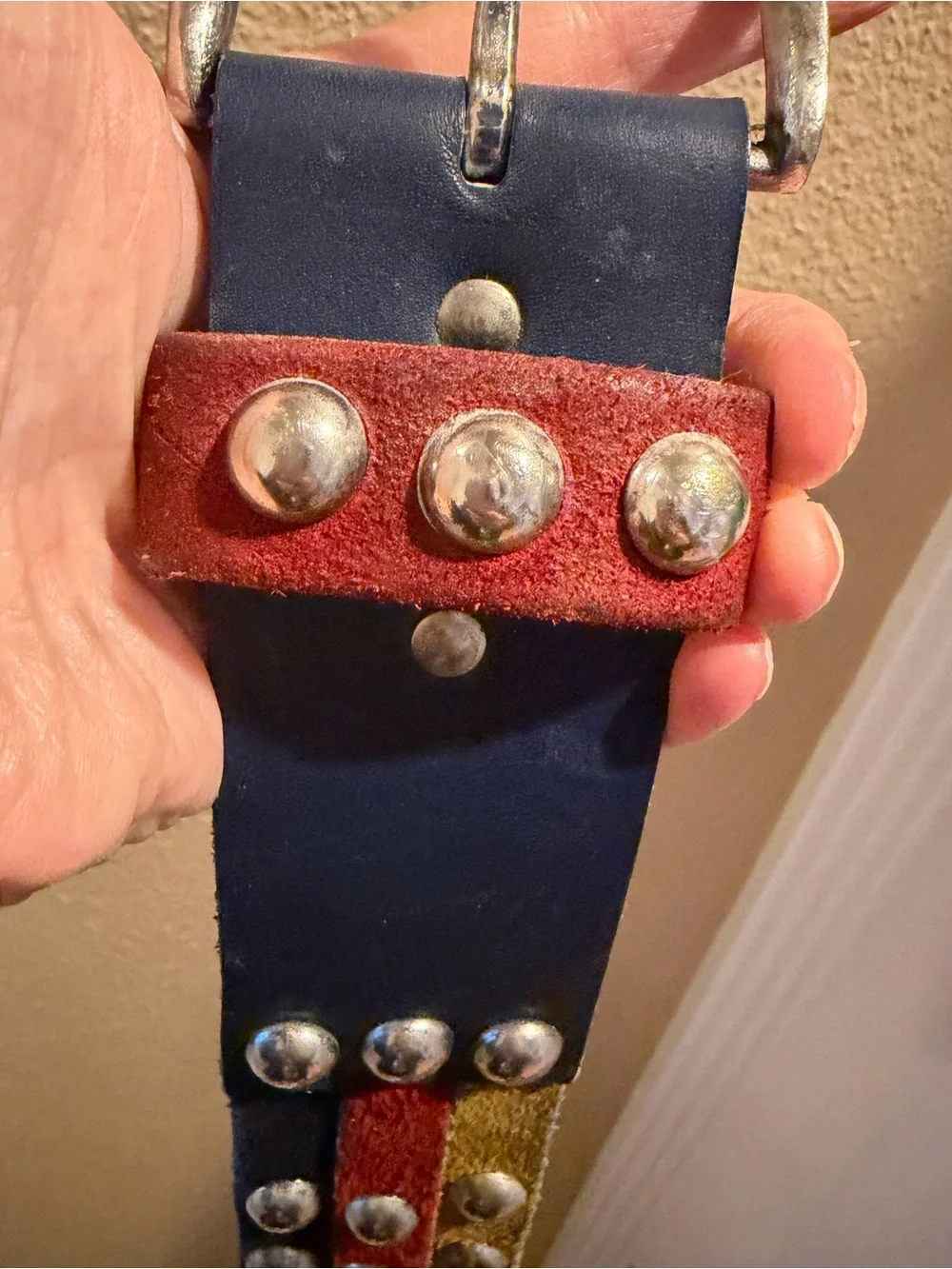 Vera Neumann Vintage 1980’s Leather Three Colors Navy Yellow Red Metal Stud Belt